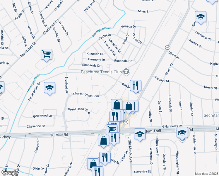 map of restaurants, bars, coffee shops, grocery stores, and more near 20200 Weybridge Street in Clinton Township
