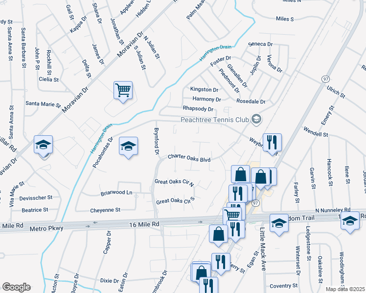 map of restaurants, bars, coffee shops, grocery stores, and more near 37371 Charter Oaks Boulevard in Clinton Township