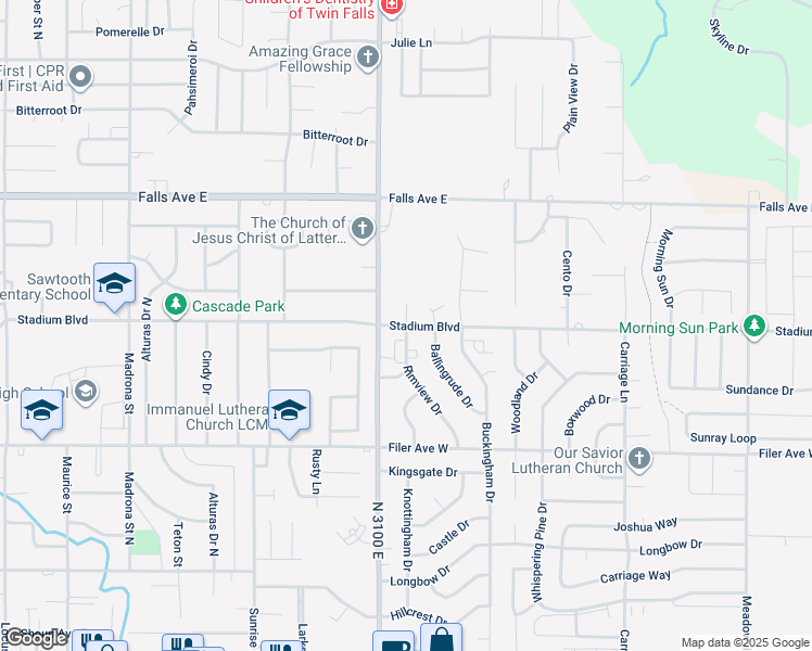 map of restaurants, bars, coffee shops, grocery stores, and more near Stadium Boulevard in Twin Falls
