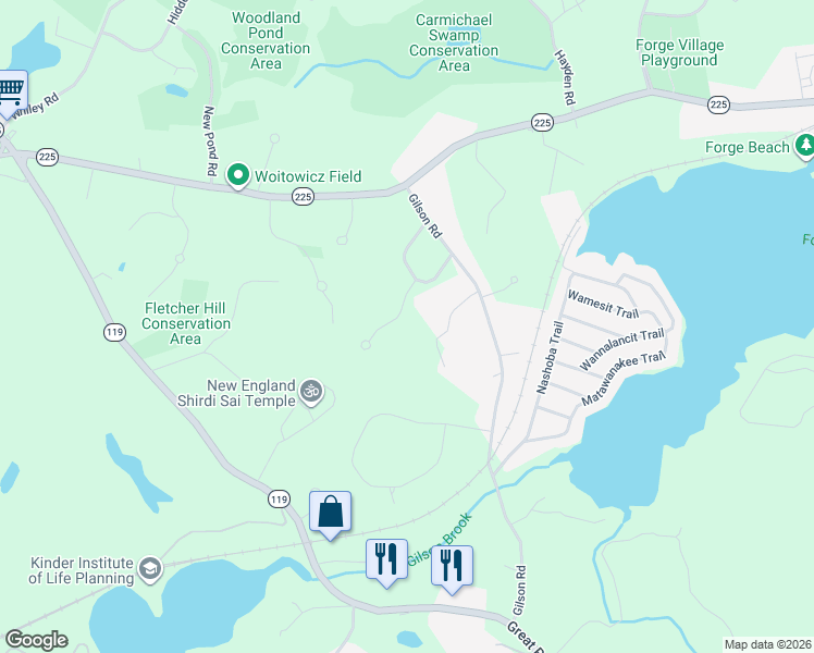 map of restaurants, bars, coffee shops, grocery stores, and more near 84 Monarch Path in Groton