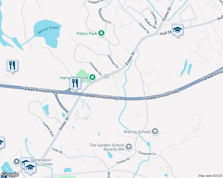 map of restaurants, bars, coffee shops, grocery stores, and more near 11 Miller Road in Beverly