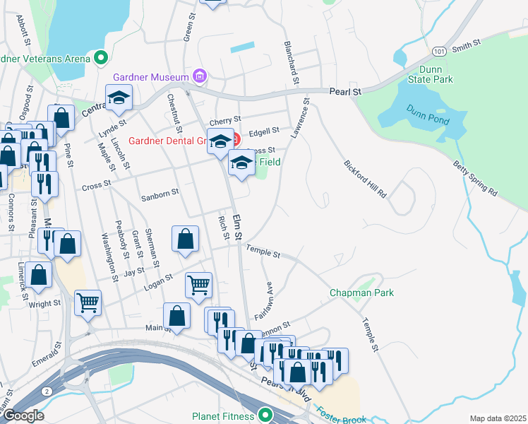 map of restaurants, bars, coffee shops, grocery stores, and more near 186 Elm Street in Gardner