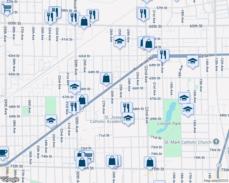 map of restaurants, bars, coffee shops, grocery stores, and more near 2525 Roosevelt Road in Kenosha