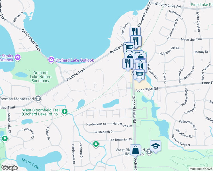map of restaurants, bars, coffee shops, grocery stores, and more near 4265 Cherry Hill Drive East in West Bloomfield Township