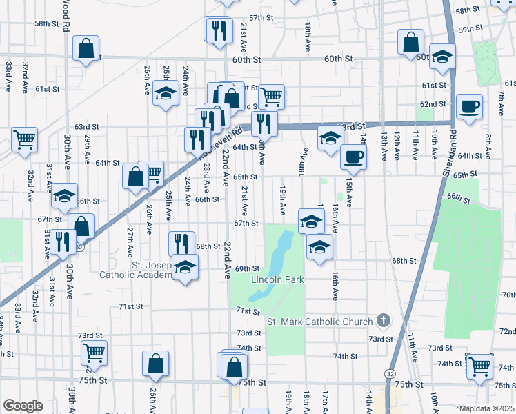 map of restaurants, bars, coffee shops, grocery stores, and more near 6525 21st Avenue in Kenosha
