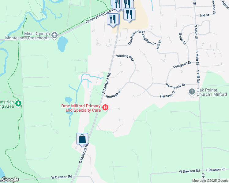 map of restaurants, bars, coffee shops, grocery stores, and more near 664 Heritage Drive in Milford Charter Township