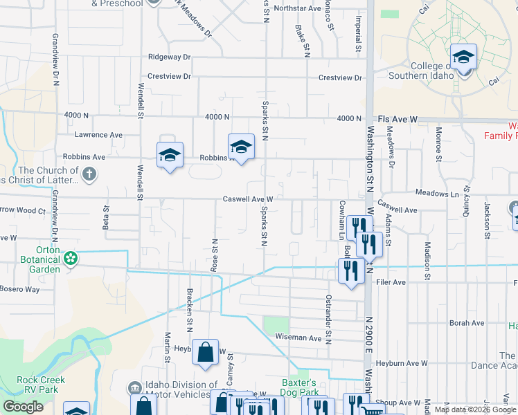 map of restaurants, bars, coffee shops, grocery stores, and more near 679 Sparks Street North in Twin Falls