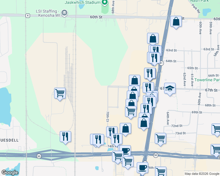 map of restaurants, bars, coffee shops, grocery stores, and more near 6905 67th Street in Kenosha
