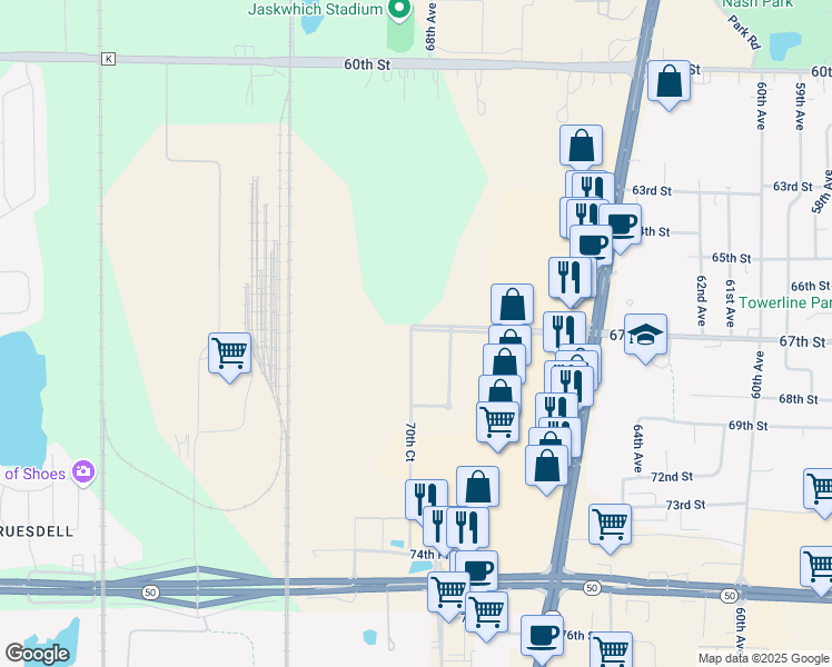 map of restaurants, bars, coffee shops, grocery stores, and more near 7080 67th Street in Kenosha