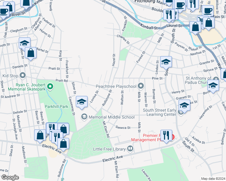 map of restaurants, bars, coffee shops, grocery stores, and more near 432 Rollstone Street in Fitchburg