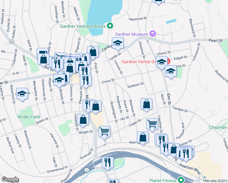 map of restaurants, bars, coffee shops, grocery stores, and more near 20 Washington Street in Gardner