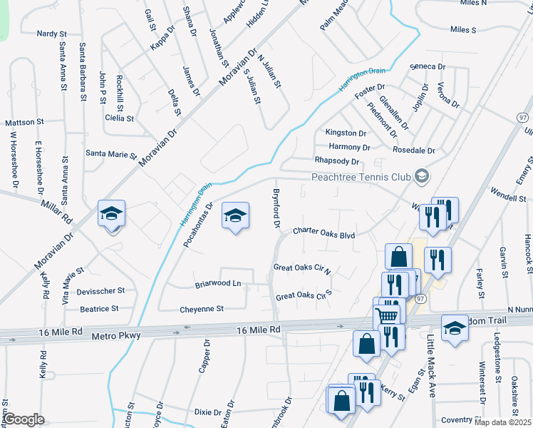 map of restaurants, bars, coffee shops, grocery stores, and more near 37902 Pocahontas Drive in Clinton Township