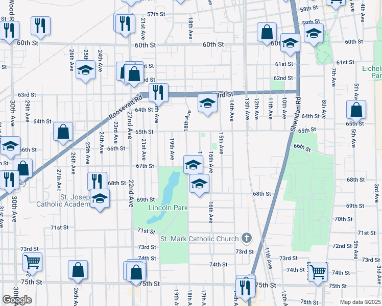 map of restaurants, bars, coffee shops, grocery stores, and more near 6526 18th Avenue in Kenosha