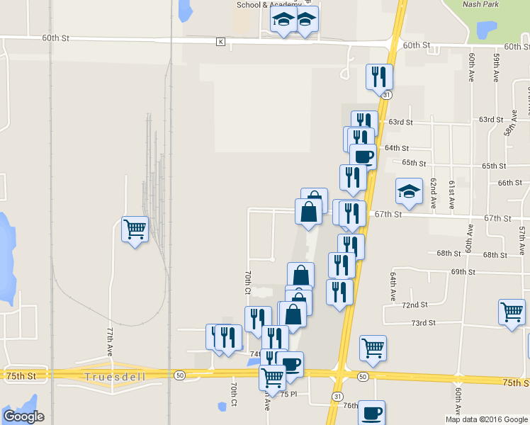 map of restaurants, bars, coffee shops, grocery stores, and more near 10222 74th Street in Kenosha