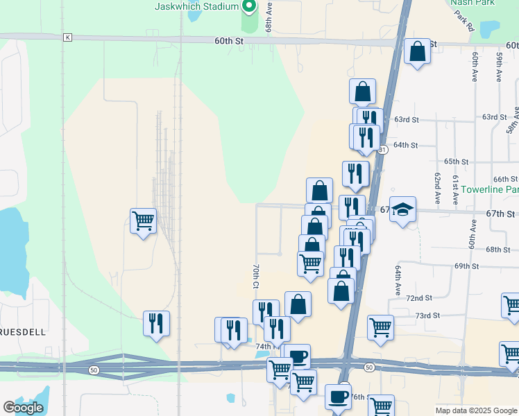 map of restaurants, bars, coffee shops, grocery stores, and more near 7080 67th Street in Kenosha