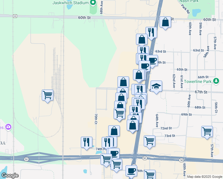 map of restaurants, bars, coffee shops, grocery stores, and more near 7080 67th Street in Kenosha
