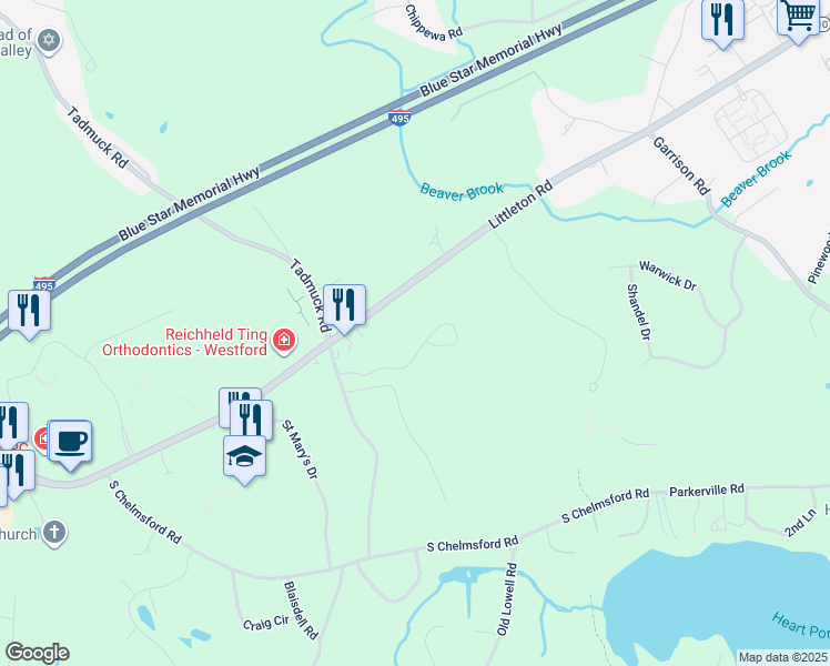 map of restaurants, bars, coffee shops, grocery stores, and more near 38 Bandon Circle in Westford