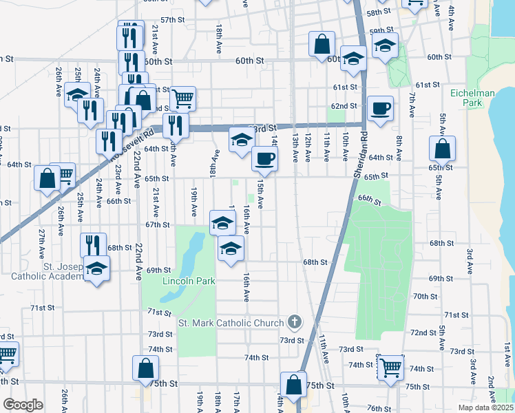 map of restaurants, bars, coffee shops, grocery stores, and more near 6614 15th Avenue in Kenosha