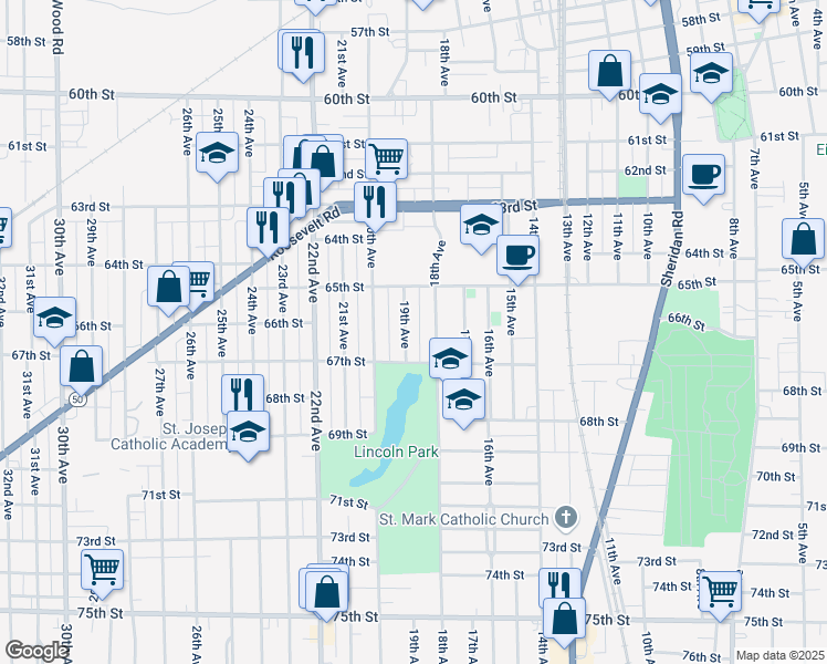 map of restaurants, bars, coffee shops, grocery stores, and more near 6526 18th Avenue in Kenosha