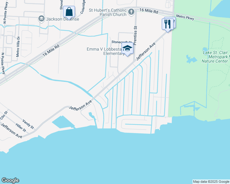map of restaurants, bars, coffee shops, grocery stores, and more near 37991 Elm Lane in Harrison Township
