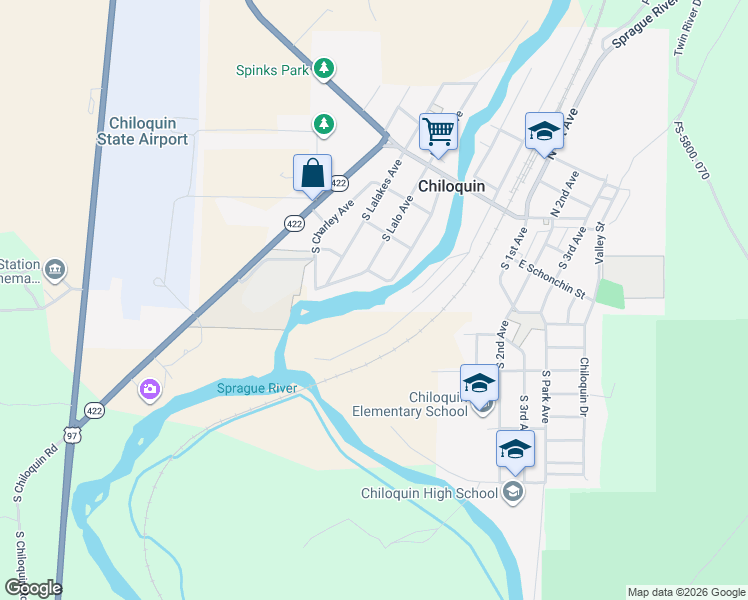 map of restaurants, bars, coffee shops, grocery stores, and more near 328 South Wasco Avenue in Chiloquin
