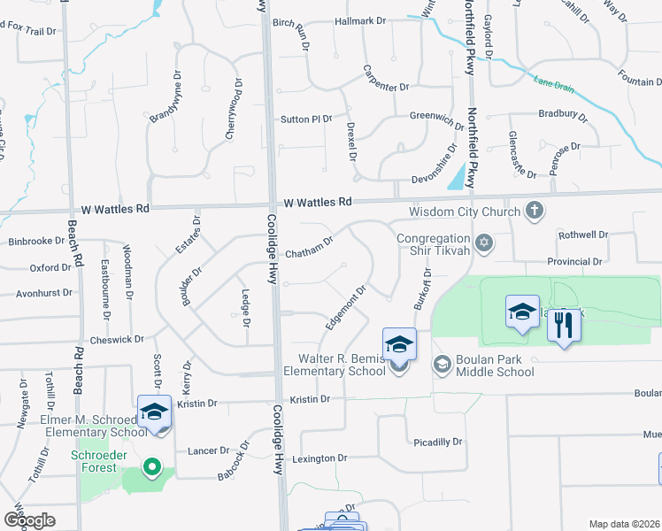 map of restaurants, bars, coffee shops, grocery stores, and more near 1915 Chatham Drive in Troy