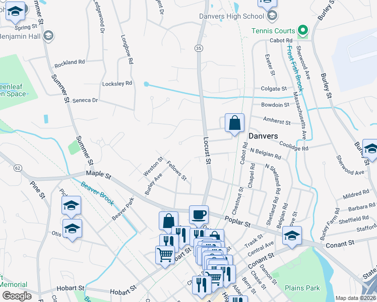 map of restaurants, bars, coffee shops, grocery stores, and more near 4 Drummond Court in Danvers