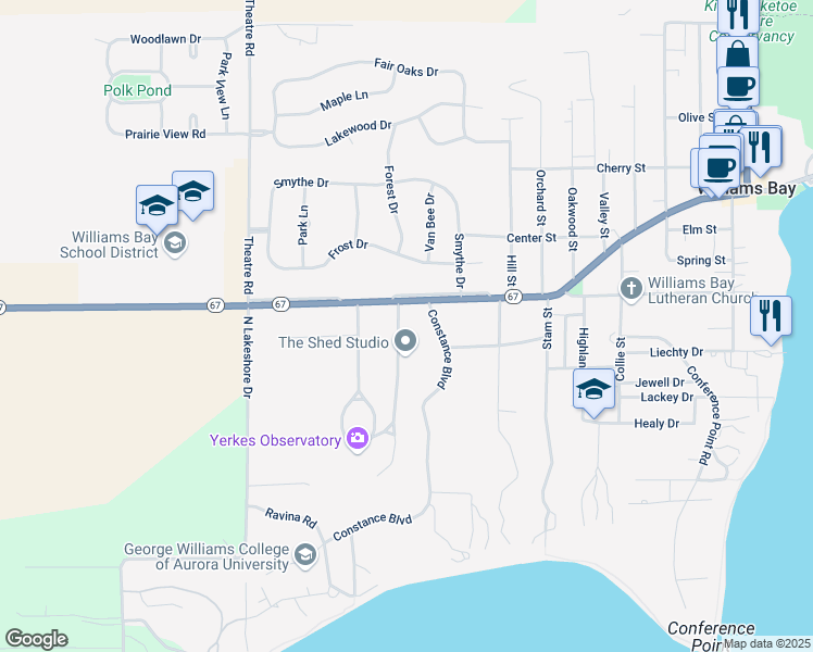 map of restaurants, bars, coffee shops, grocery stores, and more near 25 Parkhurst Place in Williams Bay