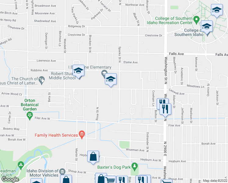 map of restaurants, bars, coffee shops, grocery stores, and more near 692 Paradise Place in Twin Falls
