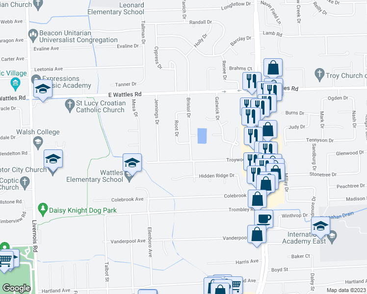 map of restaurants, bars, coffee shops, grocery stores, and more near 3647 Root Drive in Troy