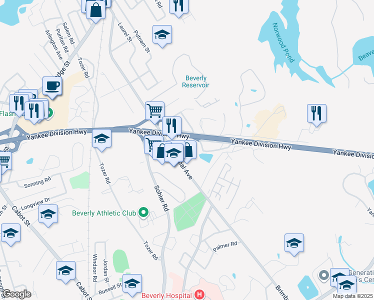 map of restaurants, bars, coffee shops, grocery stores, and more near 133 Brimbal Avenue in Beverly