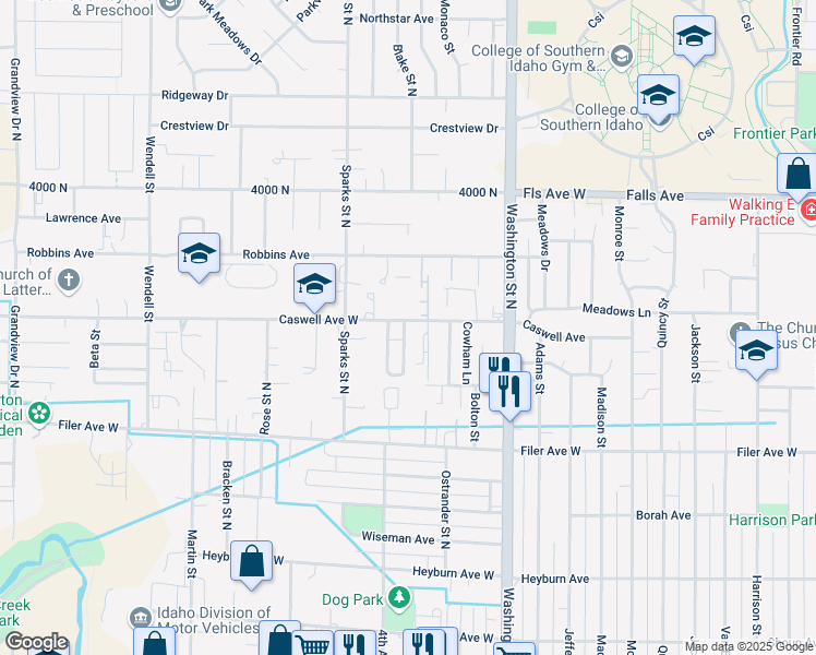 map of restaurants, bars, coffee shops, grocery stores, and more near 281 Caswell Avenue West in Twin Falls