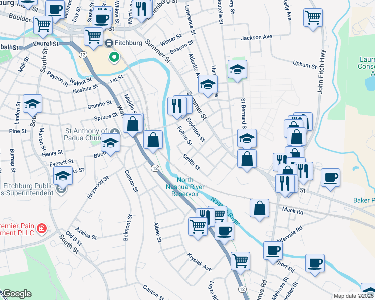 map of restaurants, bars, coffee shops, grocery stores, and more near 32 Fulton Street in Fitchburg
