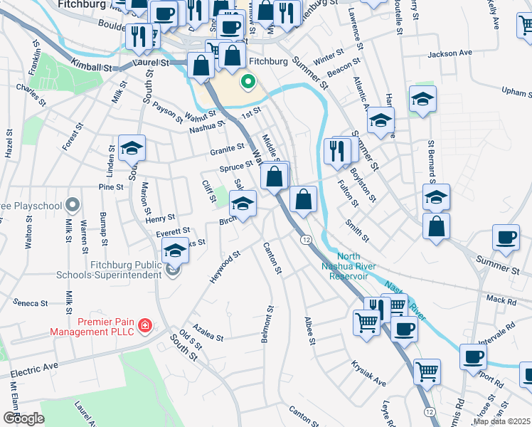 map of restaurants, bars, coffee shops, grocery stores, and more near 32 Birch Street in Fitchburg