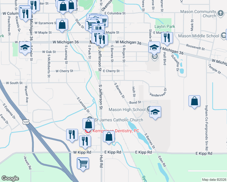 map of restaurants, bars, coffee shops, grocery stores, and more near 818 South Barnes Street in Mason
