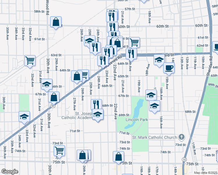 map of restaurants, bars, coffee shops, grocery stores, and more near 6526 23rd Avenue in Kenosha