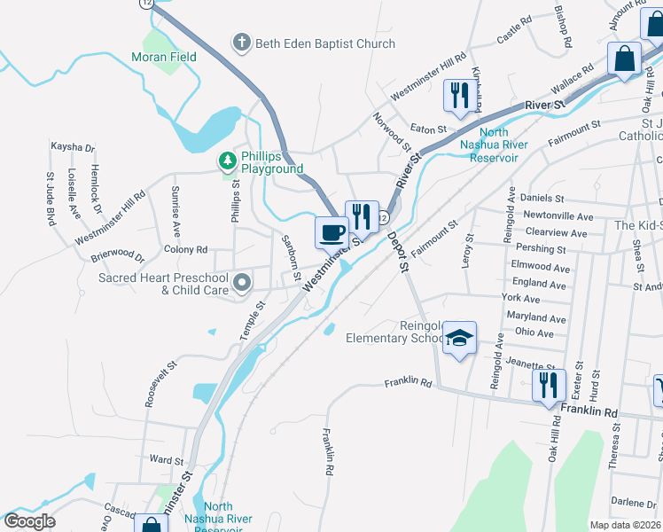 map of restaurants, bars, coffee shops, grocery stores, and more near 135 Westminster Street in Fitchburg