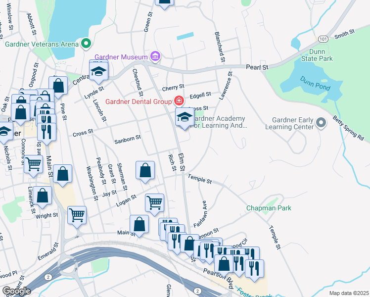 map of restaurants, bars, coffee shops, grocery stores, and more near 186 Elm Street in Gardner