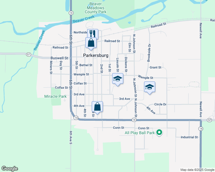 map of restaurants, bars, coffee shops, grocery stores, and more near 500-698 Church Street in Parkersburg