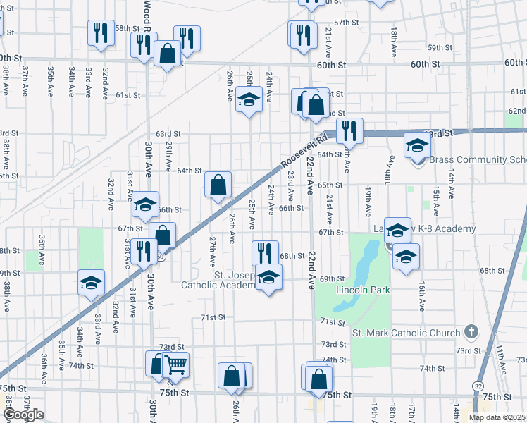 map of restaurants, bars, coffee shops, grocery stores, and more near 2409 66th Street in Kenosha