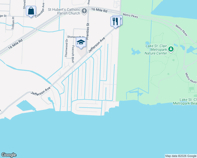 map of restaurants, bars, coffee shops, grocery stores, and more near 38044 Seaway Court in Harrison Township