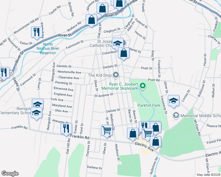 map of restaurants, bars, coffee shops, grocery stores, and more near 86 Edward Street in Fitchburg