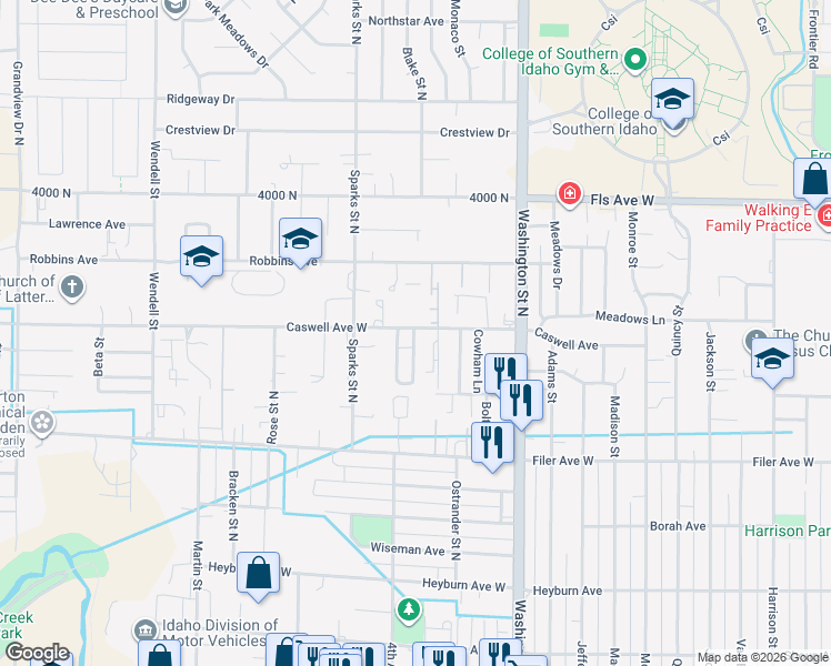 map of restaurants, bars, coffee shops, grocery stores, and more near 296 Caswell Avenue West in Twin Falls