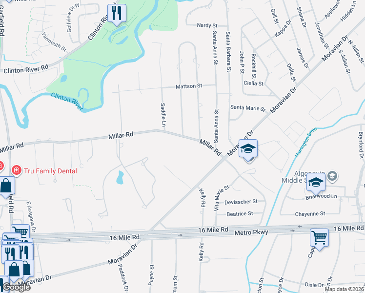 map of restaurants, bars, coffee shops, grocery stores, and more near 18198 Millar Road in Clinton Township
