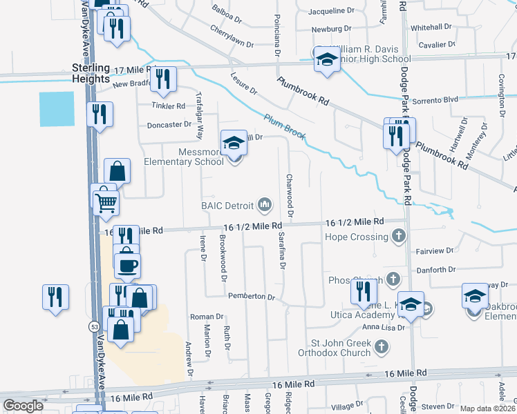 map of restaurants, bars, coffee shops, grocery stores, and more near 11025 16 1/2 Mile Road in Sterling Heights