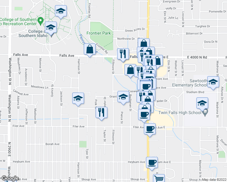 map of restaurants, bars, coffee shops, grocery stores, and more near 601 Caswell Avenue in Twin Falls
