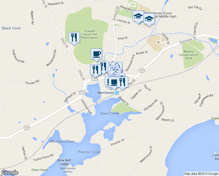 map of restaurants, bars, coffee shops, grocery stores, and more near 99 Chapel Lane in Manchester-by-the-Sea