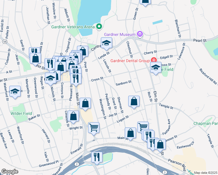 map of restaurants, bars, coffee shops, grocery stores, and more near 74 Sherman Street in Gardner