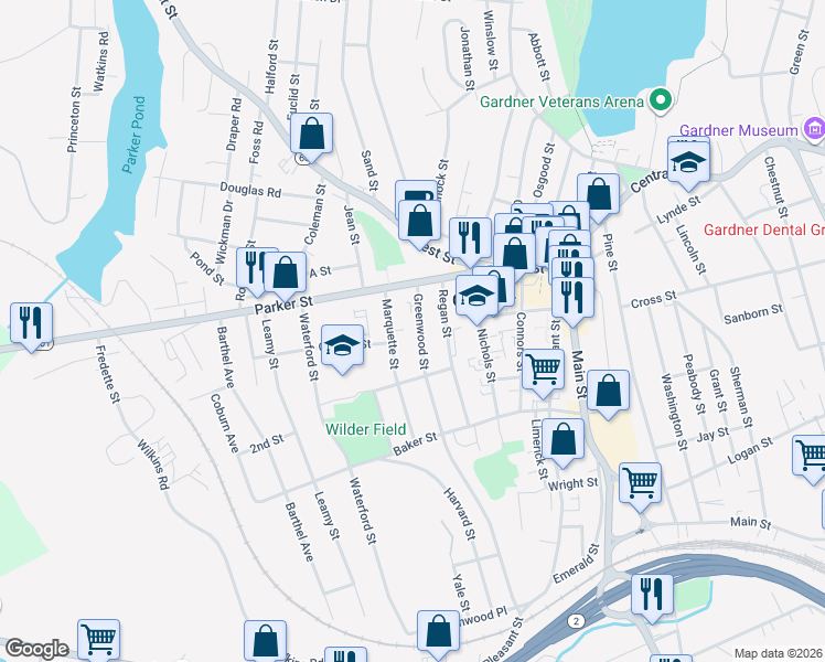 map of restaurants, bars, coffee shops, grocery stores, and more near 24-26 Marquette Street in Gardner