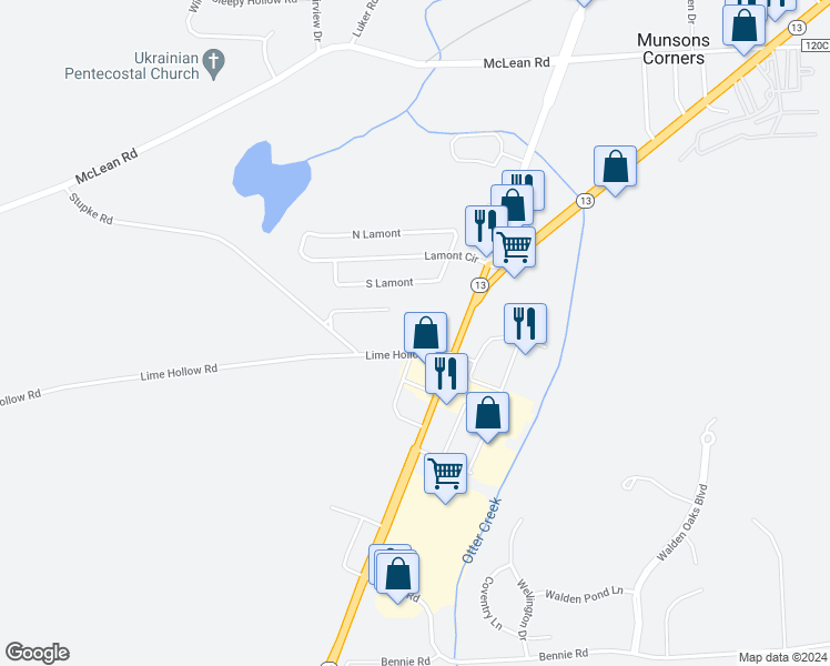 map of restaurants, bars, coffee shops, grocery stores, and more near 818 Pheasant Run in Cortland